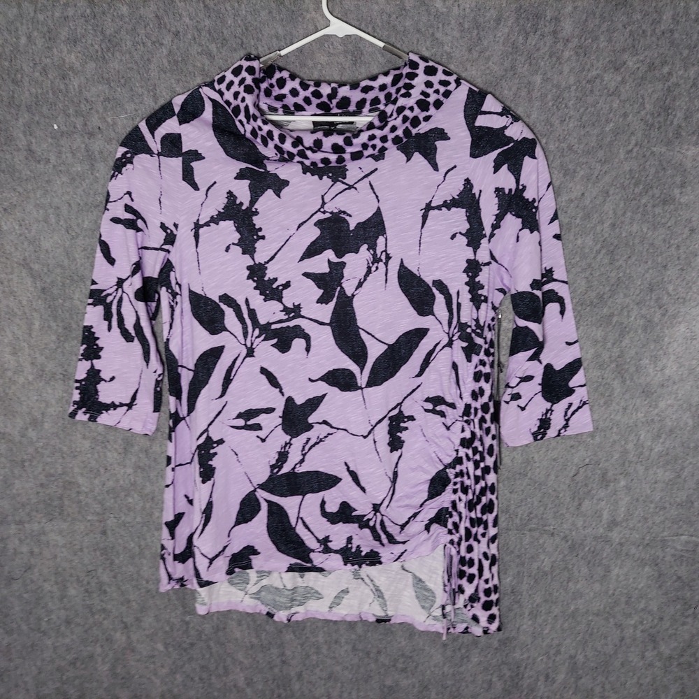 Liv Habitat Tunic XL Lilic Cotton Slub Knit Cowl Neck Boho Floral Ruched Side